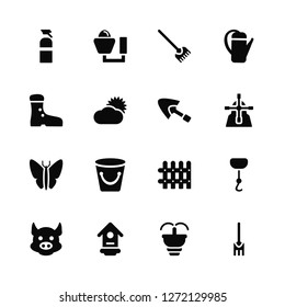 Vector Illustration Of 16 Icons. Editable Pack Sprayer, Fountain, Bird house, Pig, Pot, Fork, Boots, Butterfly, Trowel