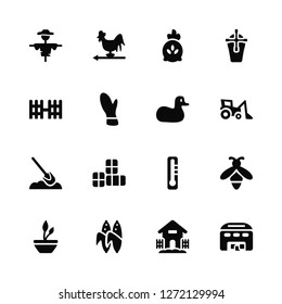 Vector Illustration Of 16 Icons. Editable Pack Scarecrow, Farm house, Corn, Plant, Bee, Warehouse, Fence, Digger, Duck
