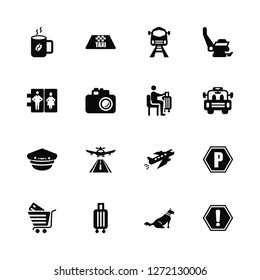 Vector Illustration Of 16 Icons. Editable Pack Hot Coffee, Sitting Dog, Trip Luggage, Shopping Cart, Parking Square, Danger Sing, Airport Toilets, Pilot Hat, Waiting For Flight