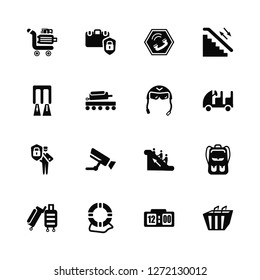 Vector Illustration Of 16 Icons. Editable Pack Luggage Trolley, Clock at Twelve O'Clock, Lifeboat, Trip Luggage, Book Bag with Pockets, Duty Free Basket, Passenger Passway