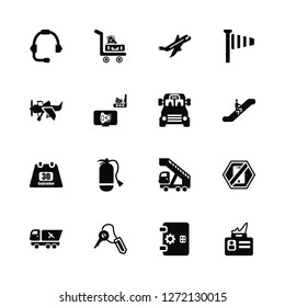 Vector Illustration Of 16 Icons. Editable Pack Airport Headphones, Big Safe Box, Key with Chain, Trailer Truck, Forbbiden Phone, Identification Badge, Old Plane