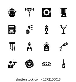 Vector Illustration Of 16 Icons. Editable Pack Teapot, Shot, Bottle cap, Waiter, Wine, Order, Stool, Cocktail