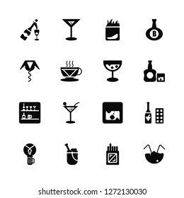 Vector Illustration Of 16 Icons. Editable Pack Champagne, Cigarette, Wine bucket, Beer, Wine, Coconut, Corkscrew, Bar, Whisky