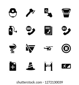Vector Illustration Of 16 Icons. Editable Pack Firefighter helmet, Road blockade, Bollard, Jerrycan, Helipad, Emergency, Oxygen, Medical, Phonebook