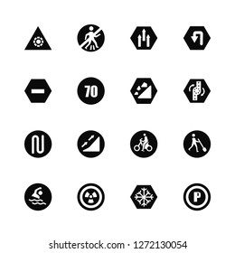 Vector Illustration Of 16 Icons. Editable Pack Settings, Snow, Nuclear, Swimming, Working, Parking, Traffic, Bend, Falling rocks