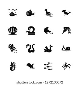 Vector Illustration Of 16 Icons. Editable Pack Submarine, Fishes, Dolphin, Seahorse, Whale, Octopus, Seashell, Medusa, Fish