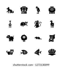 Vector Illustration Of 16 Icons. Editable Pack Siberian husky, Fish, Bulldog, Squirrel, Seashell, Giraffe, Hippopotamus, Monkey