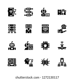 Vector Illustration Of 16 Icons. Editable Pack Algorithm, Artificial intelligence, Robot, Laptop, Aeroplane, Network, Servers, Network
