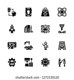 Vector Illustration Of 16 Icons. Editable Pack Data transfer, Cpu, Database, Brain, Motorway, Robot, Rocket, Binary code, Secure data