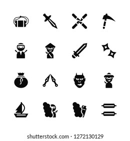 Vector Illustration Of 16 Icons. Editable Pack Bomb, Smoke bomb, Ninja, Sail, Scrolls, Pouch, Knife