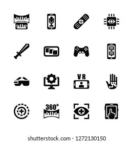 Vector Illustration Of 16 Icons. Editable Pack Smartphone, Eye, 360 degrees, Wi gloves, Touch screen, Sword, Ar glasses, Game control