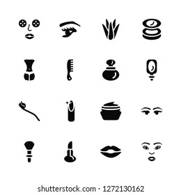 Vector Illustration Of 16 Icons. Editable Pack Cucumber Slices On Face, Woman Lips, Inclined Lipstick, Makeup Brush, Two Eyelashes, Women Waist, Toothbrush, French Perfume