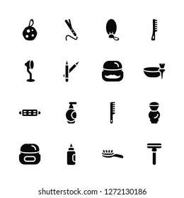 Vector Illustration Of 16 Icons. Editable Pack Sponge, Hairbrush, Aplicator Bottle, Men Cream, Shaving Brush, Vintage Razor, Stand Hairdryer, Curler with Pin, Moustache Product