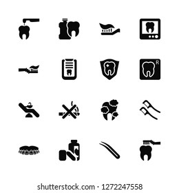 Vector Illustration Of 16 Icons. Editable Pack Drill, Tweezers, Chewing gum, Braces, Dental floss, Tooth, Toothbrush, Chair, 