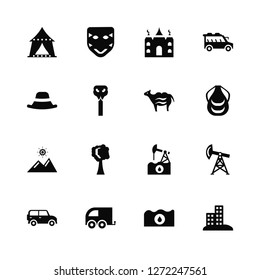 Vector Illustration Of 16 Icons. Editable Pack Tent, Petroleum, Cart, Car, Building, Hat, Sun, Camel