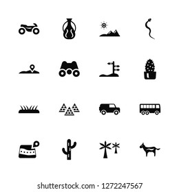 Vector Illustration Of 16 Icons. Editable Pack Motorcycle, Palm, Cactus, Map, Bus, Horse, Placeholder, Grass, 