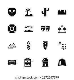 Vector Illustration Of 16 Icons. Editable Pack Skull, House, Well, Carpet, Solar panel, Hat, Poppy, Pyramids, Kettledrum