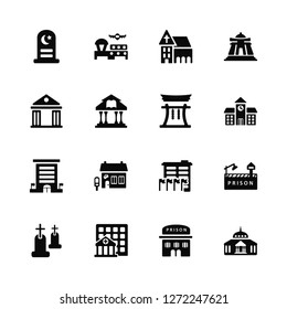 Vector Illustration Of 16 Icons. Editable Pack Islamic Cemetery, Prison, Hospital, Christian Goverment Building, Museum, Embassy, Chinese Temple