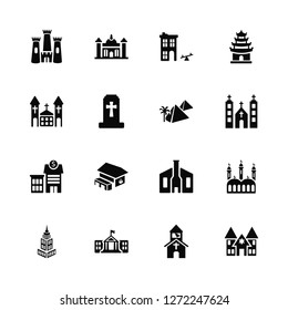 Vector Illustration Of 16 Icons. Editable Pack Castle, Church, White House, State Building, Mosque, Synagogue, Chuch, Reserve Bank, Pyramid