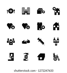 Vector Illustration Of 16 Icons. Editable Pack Charity Food, Box, Education, Research, Clean Water, Wheelchair, Heart Drop, Human, App