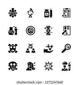 Vector Illustration Of 16 Icons. Editable Pack Flask, Biology, Gas mask, Laboratory, Dangerous, Dna