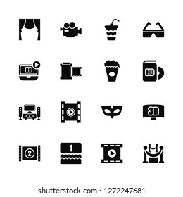 Vector Illustration Of 16 Icons. Editable Pack Theatre Screen, Film Reel Playing, Movie Theatre, Countdown Number 2, 3D, Carpet, HD Video, Home Theater, Popcorn Box