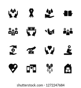 Vector Illustration Of 16 Icons. Editable Pack Donation, Reforestation, Clothes Charity, Praying, Shelter Beds, Group, Dove