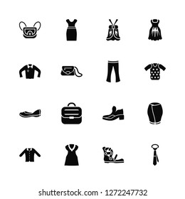 Vector Illustration Of 16 Icons. Editable Pack Messenger Bag, Gladiator Sandal, Dress with Butterfly Sleeves, Collarless Cotton Shirt, Peplum Skirt, Tie, Henley shirt, Loafer, Flare Pants