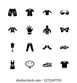 Vector Illustration Of 16 Icons. Editable Pack Chino Shorts, Sneaker, Jewelry Set, Cocktail Dress, Leather Derby Shoe, Cotton Polo Shirt, Oxford Wave Blazer, Mannequin, Hooded Jacket