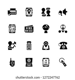Vector Illustration Of 16 Icons. Editable Pack Fax, Smartphone, Laptop, Walkie talkie, Telephone, Hands free, Chat, Speaking, Satellite Dish