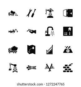 Vector Illustration Of 16 Icons. Editable Pack Truck with Freight, Flags Crossed, Brick Wall, Derrick Boxes, Road Barrier, Constructing a Backhoes, Garbage Truck, Stopcock