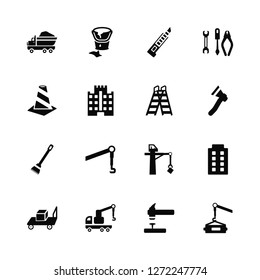 Vector Illustration Of 16 Icons. Editable Pack Truck with Load, Nail, Crane, Trolley Cargo, Big Building, Derrick Pallet, Road Stopper, Sweeping Broom, Double Ladder