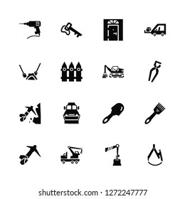 Vector Illustration Of 16 Icons. Editable Pack Electric Drill, Derrick with Load, Crane Truck, Inclined Picker, Sand Brush, Drawing Compass, Two Shovels, Working, Box