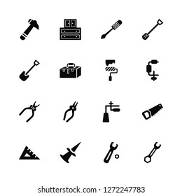 Vector Illustration Of 16 Icons. Editable Pack Inclined Hammer, Wrench and Gear, Inclined, Set Square, Big Saw, Round Wrench, Short Shovel, Clippers, Roller Paint