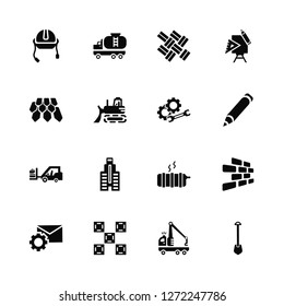 Vector Illustration Of 16 Icons. Editable Pack Helmet, Tow truck, Tile, Mail, Brickwall, Big Shovel, Roof, Forklift, Progress