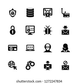 Vector Illustration Of 16 Icons. Editable Pack Malware, Hacker, Crime, Internet, Woman online, Spam, Padlock, Cit card, Malware