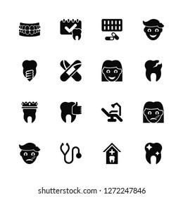 Vector Illustration Of 16 Icons. Editable Pack Dentures, Hospital, Stethoscope, Sick boy, girl, Tooth whitening, Implant, Crown, Girl