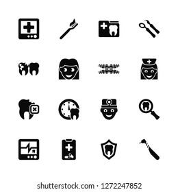 Vector Illustration Of 16 Icons. Editable Pack Medical appointment, Protection, prescription, Ekg monitor, Examination, Dental drill, Caries, Tooth, Brackets