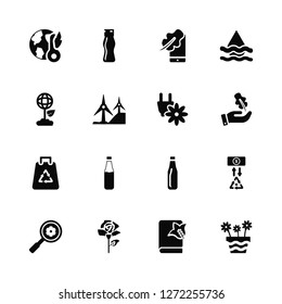 Vector Illustration Of 16 Icons. Editable Pack Global warming, Book, Rose, Magnifying glass, Exchange, Flowers, Worldwide, Recycled bag, Plug