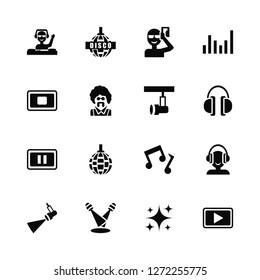 Vector Illustration Of 16 Icons. Editable Pack DJ, Sparkle, Dance floor, Spotlight, Play button, Stop, Pause, Spotlight
