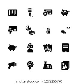 Vector Illustration Of 16 Icons. Editable Pack Barcode, Cash register, Quality, Barcode scanner, Invoice, Gallery, Cit card, Piggy bank, Wallet