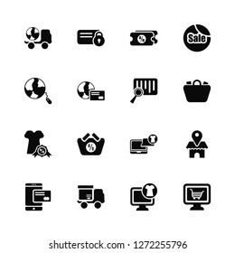 Vector Illustration Of 16 Icons. Editable Pack Delivery truck, Online shop, Pay, Placeholder, Internet, Discount, Barcode