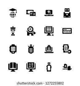 Vector Illustration Of 16 Icons. Editable Pack Worldwide, Graduation, Question, Online course, Video player, Hands, education, Test, Library