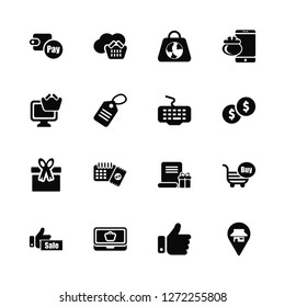 Vector Illustration Of 16 Icons. Editable Pack Pay, Like, Online shop, Sale, Buy, Placeholder, Gift, Keyboard
