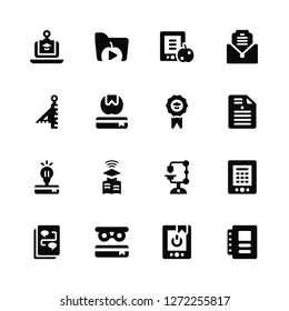 Vector Illustration Of 16 Icons. Editable Pack Web camera, Power button, Glasses, Communication, Schedule, Book, Study tools, Light bulb, Medal