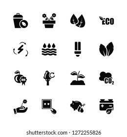 Vector Illustration Of 16 Icons. Editable Pack Eco, Save water, Socket, Sprout, Co2, Battery, Bolt, Bio, Light bulb