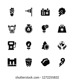Vector Illustration Of 16 Icons. Editable Pack Lightbulb, Coal, Recycling, Dam, Planet earth, Placeholder, energy, Eco fuel, Light
