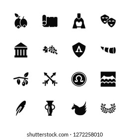 Vector Illustration Of 16 Icons. Editable Pack Olive, Pegasus, Vase, Quill, Theater, Laurel, Parthenon, Olives, Shield