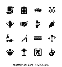 Vector Illustration Of 16 Icons. Editable Pack Letter Quill, Maze, Jonic Column, Amphora, Balance, Olive Oil, Wine, Amphora