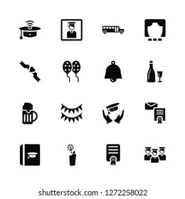Vector Illustration Of 16 Icons. Editable Pack Mortarboard, Certificate, Bouquet, Thesis, Invitation, Graduation, Sash, Beer, Bell